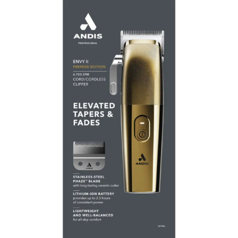 Andis Envy II Premier Edition cordless clipper in metallic gold and silver, shown on its dark gray retail packaging card with product features and blade details.