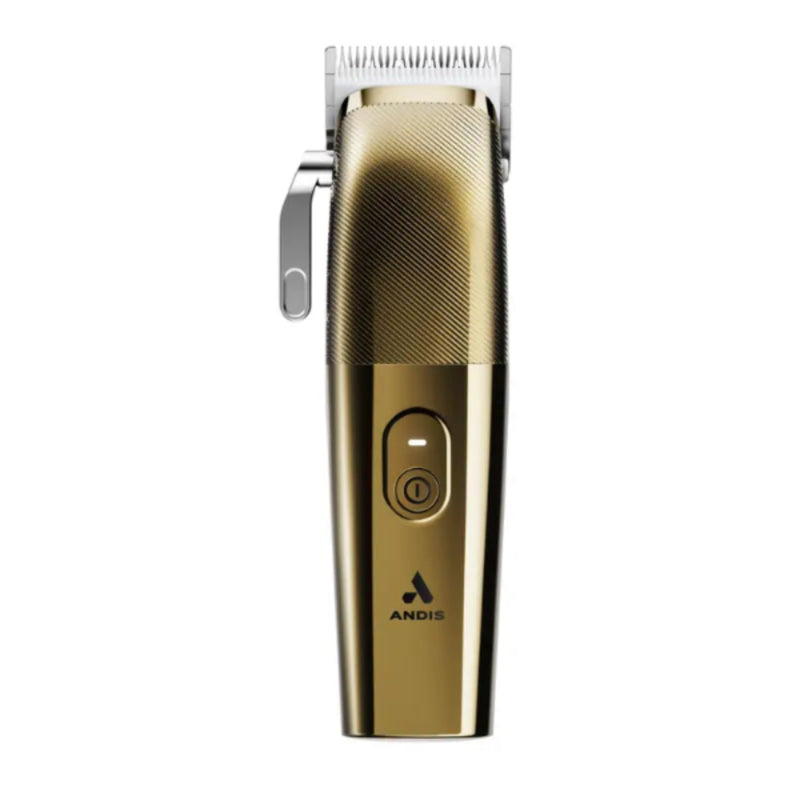 A gold-colored ANDIS electric hair clipper with a silver metal blade and clipper arm, shown vertically against a plain white background.