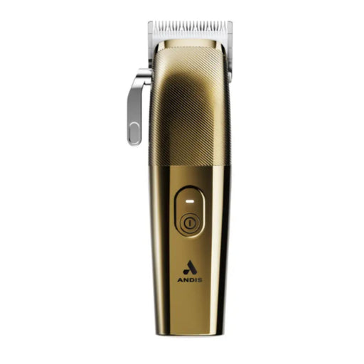A gold-colored ANDIS electric hair clipper with a silver metal blade and clipper arm, shown vertically against a plain white background.