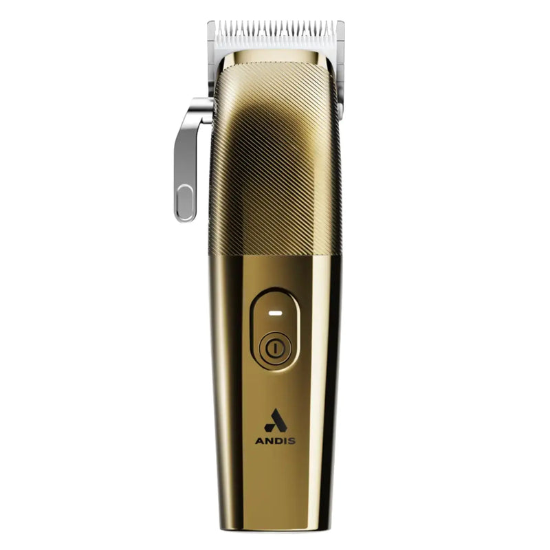 A gold cordless hair clipper with a textured metallic finish, silver guard blades, and the ANDIS logo on the front, set against a solid white background.