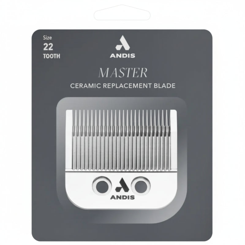 A white plastic retail package for an ANDIS Envy II ceramic replacement blade, 22-tooth cutter, with printed black text and a barcode on a plain white background.