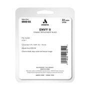 A white plastic retail package for an ANDIS Envy II ceramic replacement blade, 22-tooth cutter, with printed black text and a barcode on a plain white background.