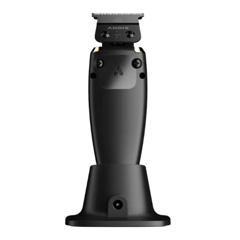A black Andis professional clipper shown from the back, resting on its matching black charging dock against a solid white background.