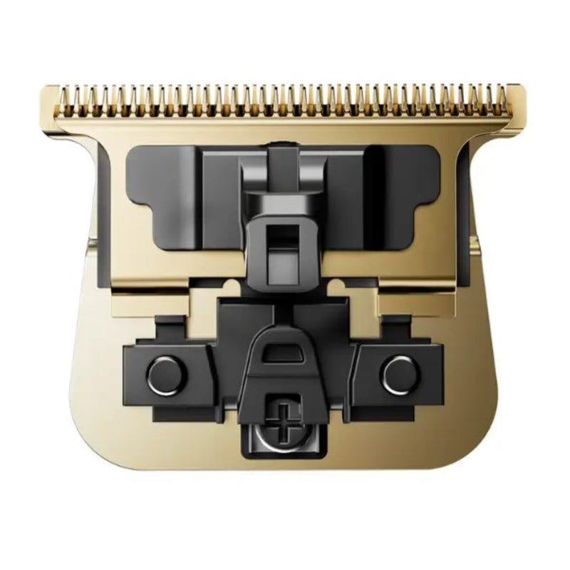 Gold and black hair trimmer head on a white background