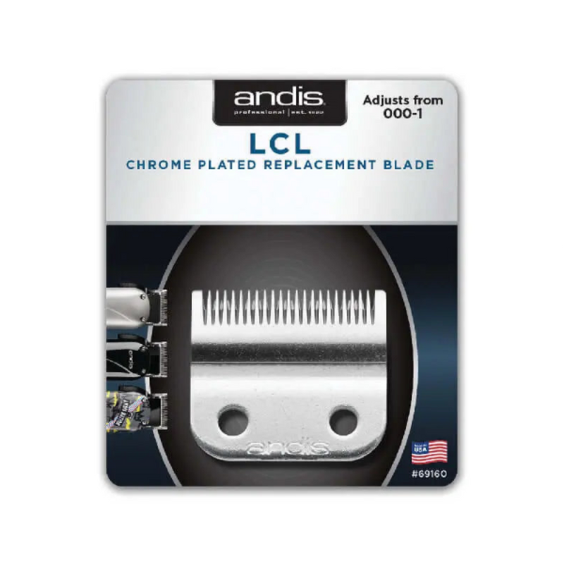 Andis LCL chrome plated replacement blade in its retail blister packaging, featuring a silver metal blade graphic on a white and dark blue card.
