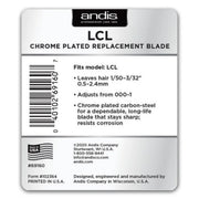 Andis LCL chrome plated replacement blade in its retail blister packaging, featuring a silver metal blade graphic on a white and dark blue card.