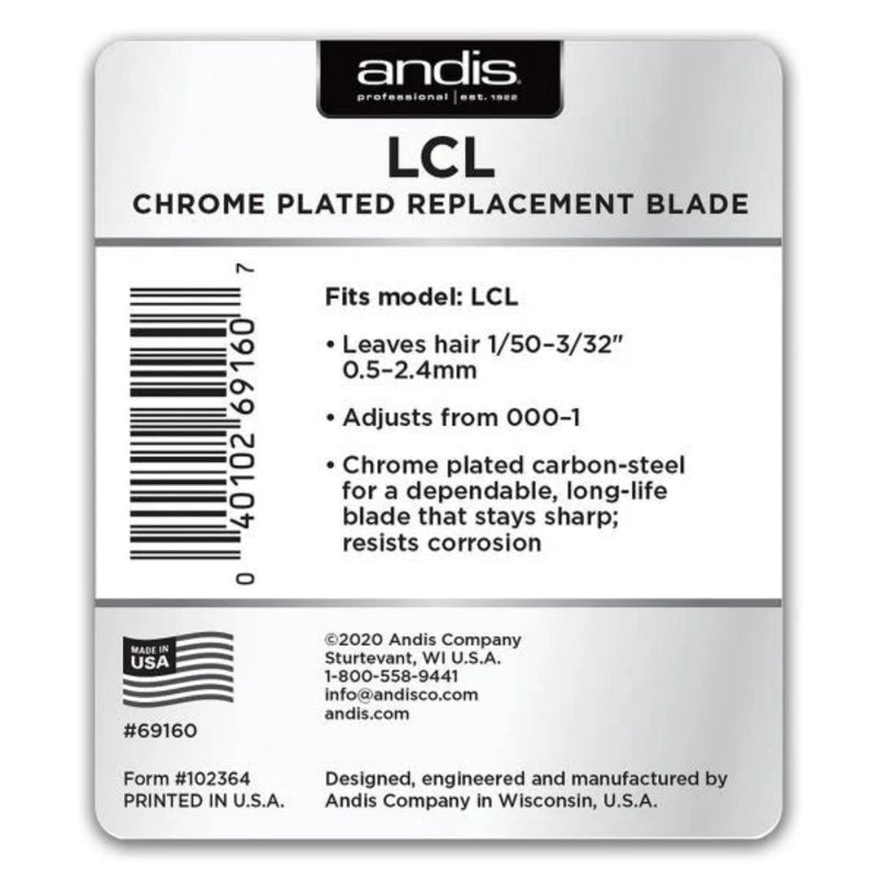 Andis LCL chrome plated replacement blade in its retail blister packaging, featuring a silver metal blade graphic on a white and dark blue card.