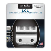 Andis LCL chrome plated replacement blade in its retail blister packaging, featuring a silver metal blade graphic on a white and dark blue card.
