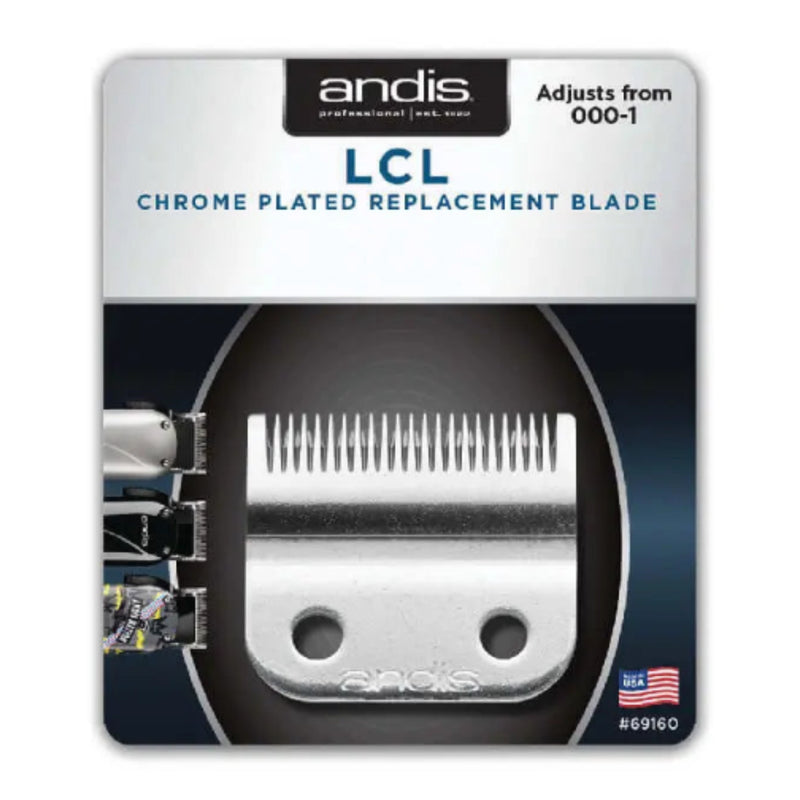 Andis LCL chrome plated replacement blade in its retail blister packaging, featuring a silver metal blade graphic on a white and dark blue card.