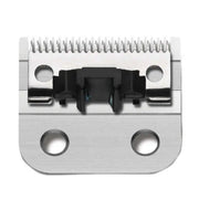 A close-up of a metal grooming clipper blade with a black central guard, shown on a plain white background.