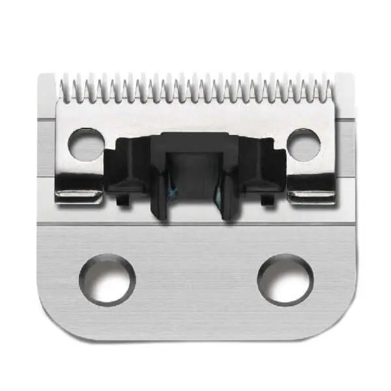 A close-up of a metal grooming clipper blade with a black central guard, shown on a plain white background.