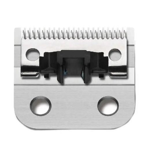 A close-up of a metal grooming clipper blade with a black central guard, shown on a plain white background.