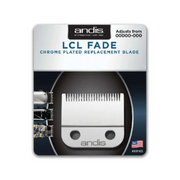 Andis LCL Fade chrome plated replacement blade in its retail packaging, featuring a silver blade graphic on a black and white card with blue text.