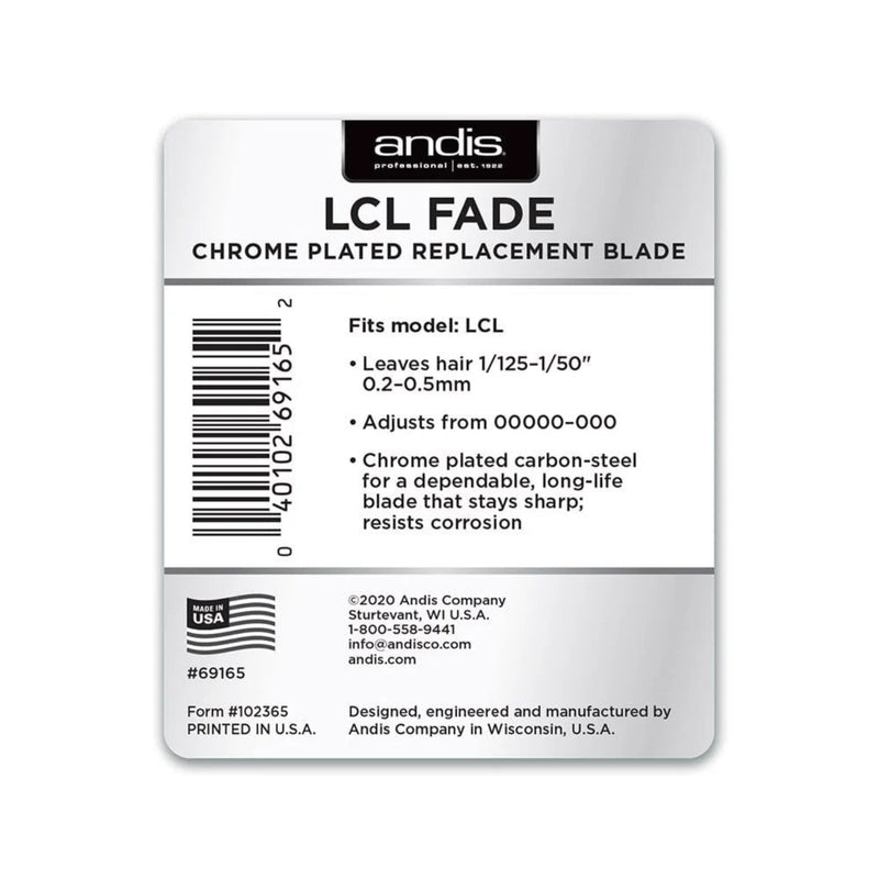 Andis LCL Fade replacement blade packaging with product details on a white background