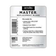 Andis Master Replacement Blade product label for model ML, showing product details, barcode, and specifications on a white background.