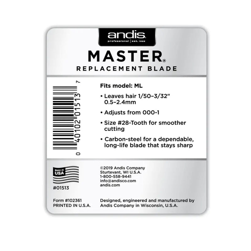 Andis Master Replacement Blade product label for model ML, showing product details, barcode, and specifications on a white background.