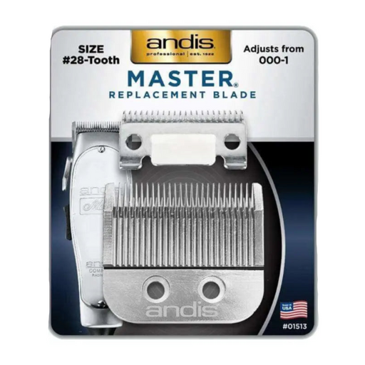 Andis Master replacement blade packaging with blade and comb on a gray background