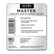 Andis Master Ceramic Replacement Blade for professional clippers, size #22-Tooth, shown in its retail blister packaging against a white background.