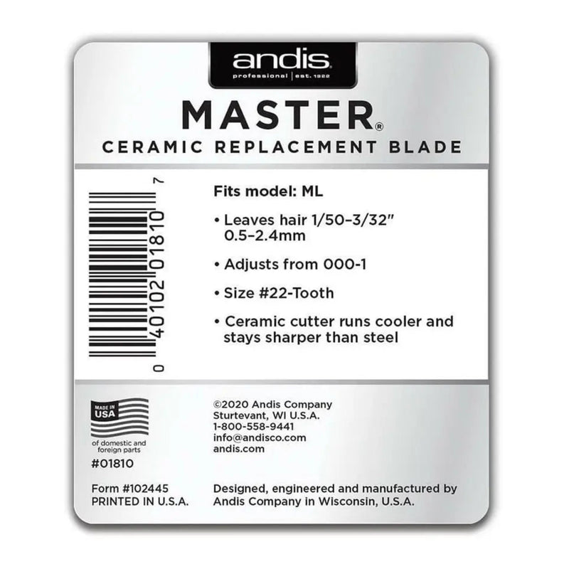 Andis Master Ceramic Replacement Blade for professional clippers, size #22-Tooth, shown in its retail blister packaging against a white background.