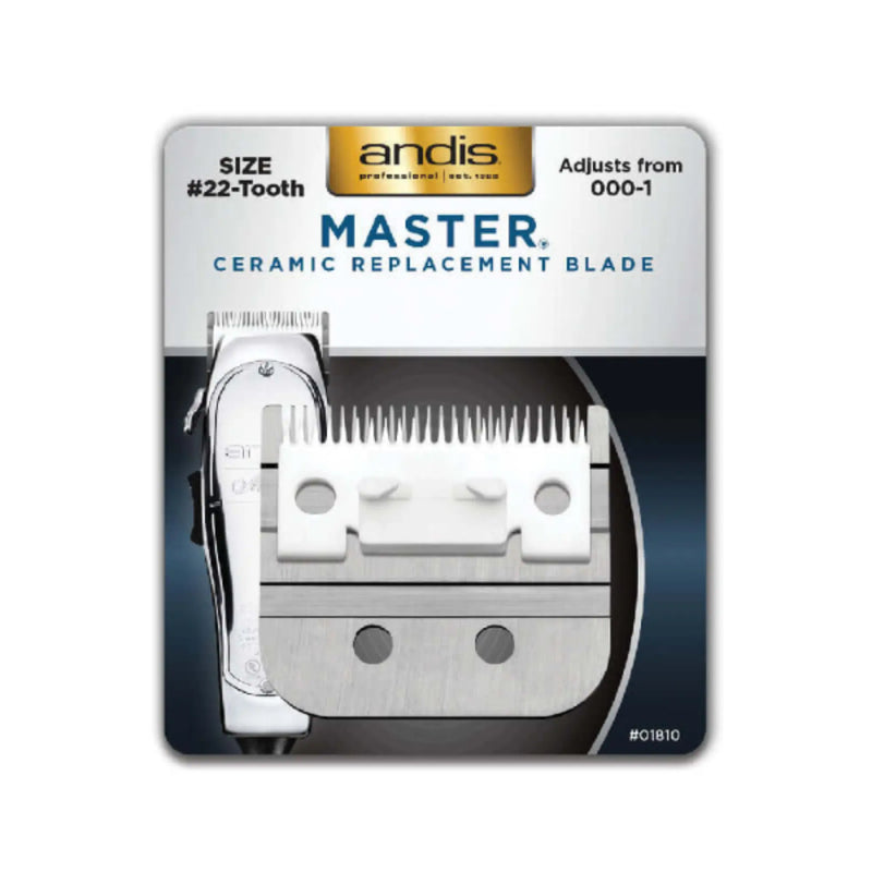 Andis Master Ceramic Replacement Blade for professional clippers, size #22-Tooth, shown in its retail blister packaging against a white background.