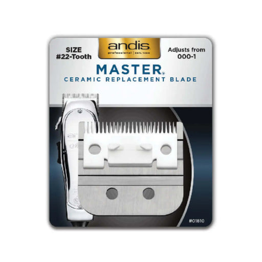 Andis Master Ceramic Replacement Blade for professional clippers, size #22-Tooth, shown in its retail blister packaging against a white background.