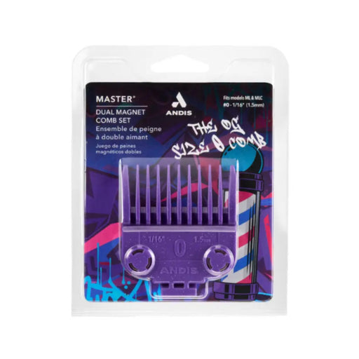 Andis Master Dual Magnet Comb Set in purple, packaged in a clear plastic blister pack with a black and multicolor backing card.