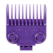 A purple plastic grooming guide comb attachment for a pet clipper, featuring 1/16 inch (1.5 mm) blade spacing and the brand name ANDIS embossed on the front, set against a plain white background.