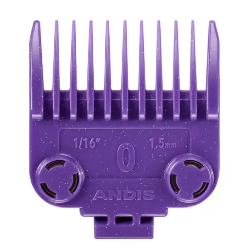 A purple plastic grooming guide comb attachment for a pet clipper, featuring 1/16 inch (1.5 mm) blade spacing and the brand name ANDIS embossed on the front, set against a plain white background.