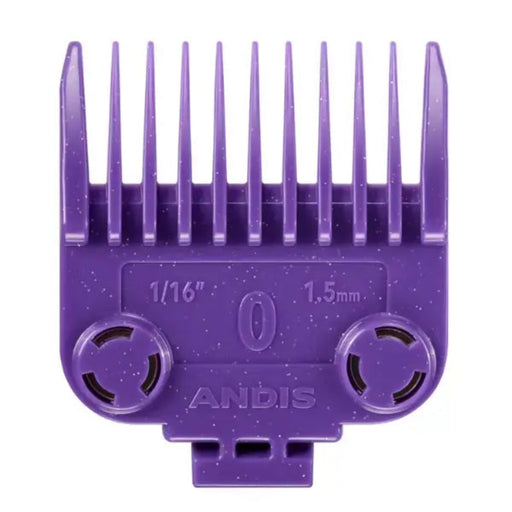 A purple plastic grooming guide comb attachment for a pet clipper, featuring 1/16 inch (1.5 mm) blade spacing and the brand name ANDIS embossed on the front, set against a plain white background.