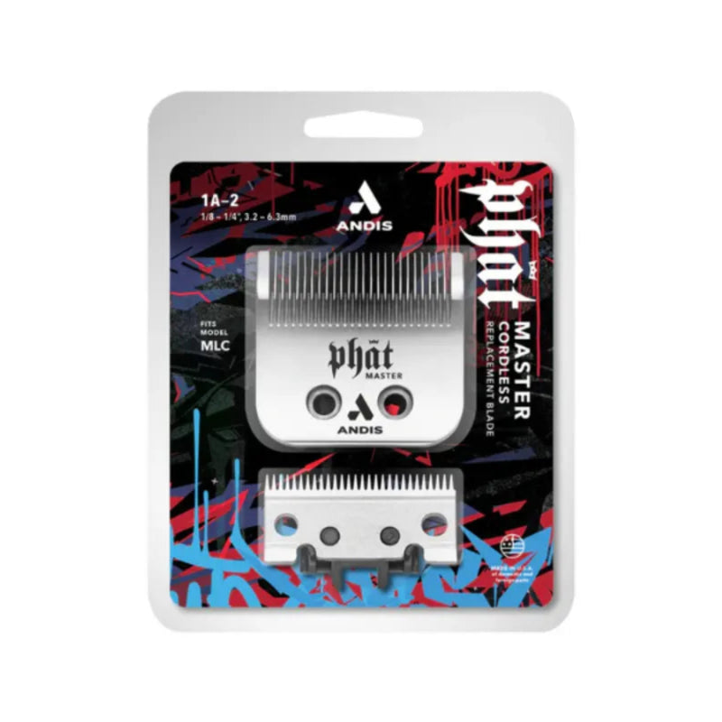 Andis Phat Master electric clipper blade set in retail blister packaging, featuring a silver clipper head and matching blade against a black, red, and blue graphic backing card.
