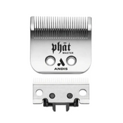 Two metal hair clipper blades shown on a plain white background: a larger brushed silver blade with black Phat Master and ANDIS branding, and a smaller matching silver blade below it.