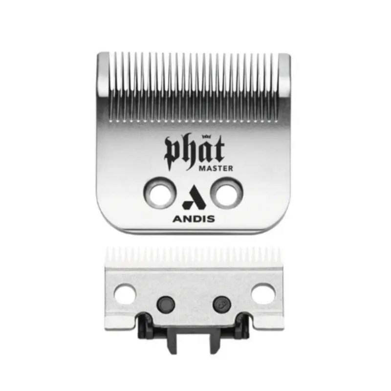 Two metal hair clipper blades shown on a plain white background: a larger brushed silver blade with black Phat Master and ANDIS branding, and a smaller matching silver blade below it.