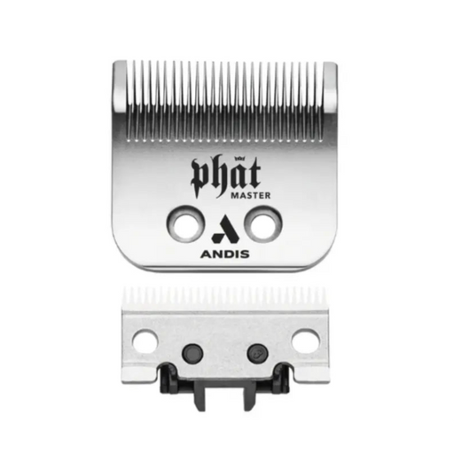 Two metal hair clipper blades shown on a plain white background: a larger brushed silver blade with black Phat Master and ANDIS branding, and a smaller matching silver blade below it.