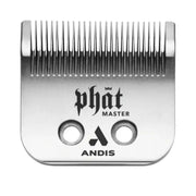 A silver metal clipper blade with black printed branding, including 'phat MASTER' and 'ANDIS', shown on a plain white background.