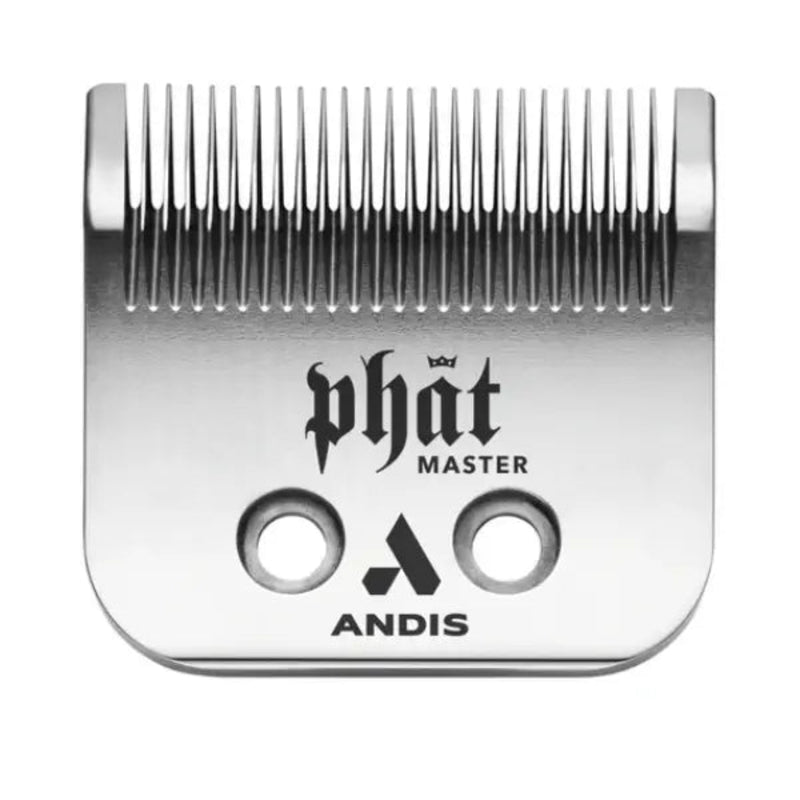 A silver metal clipper blade with black printed branding, including 'phat MASTER' and 'ANDIS', shown on a plain white background.