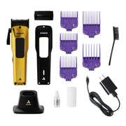 ANDIS cordless hair clipper kit with a gold and black clipper, black stand, four black guide combs, four purple guide combs, a cleaning brush, a small bottle, two white protective covers, and a black power adapter on a white background.