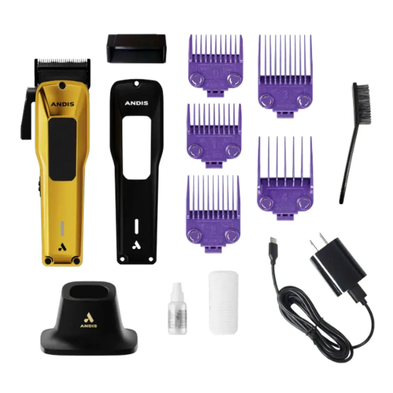 ANDIS cordless hair clipper kit with a gold and black clipper, black stand, four black guide combs, four purple guide combs, a cleaning brush, a small bottle, two white protective covers, and a black power adapter on a white background.