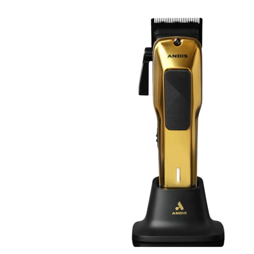Gold and black Andis cordless hair clipper standing on its charging base against a solid white background.