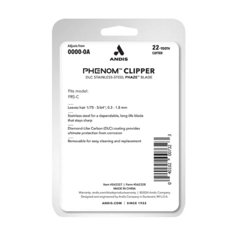 Andis Phenom Clipper blade packaging with product details on a white background