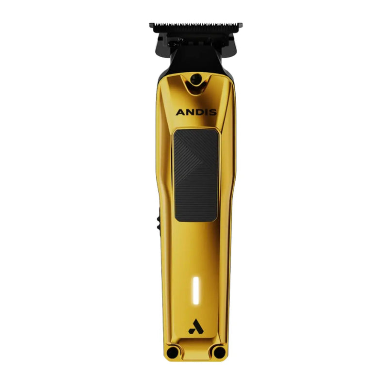 A gold metallic cordless hair clipper with a black cutting head and textured black grip panel, featuring the brand name ANDIS on the front, set against a solid white background.