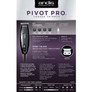 Andis Pivot Pro corded trimmer product packaging card showing the trimmer, included accessories, and feature callouts in English and French.