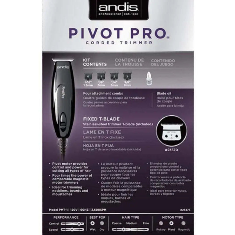 Andis Pivot Pro corded trimmer product packaging card showing the trimmer, included accessories, and feature callouts in English and French.