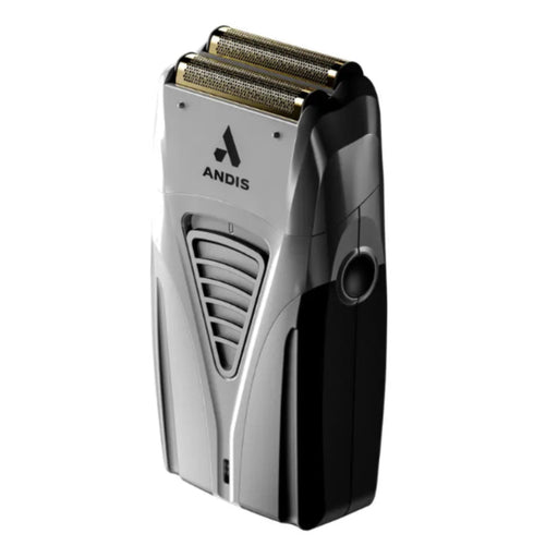 An ANDIS electric shaver with a metallic silver and black body, featuring gold-toned metal shaving blades, shown on a plain white background.