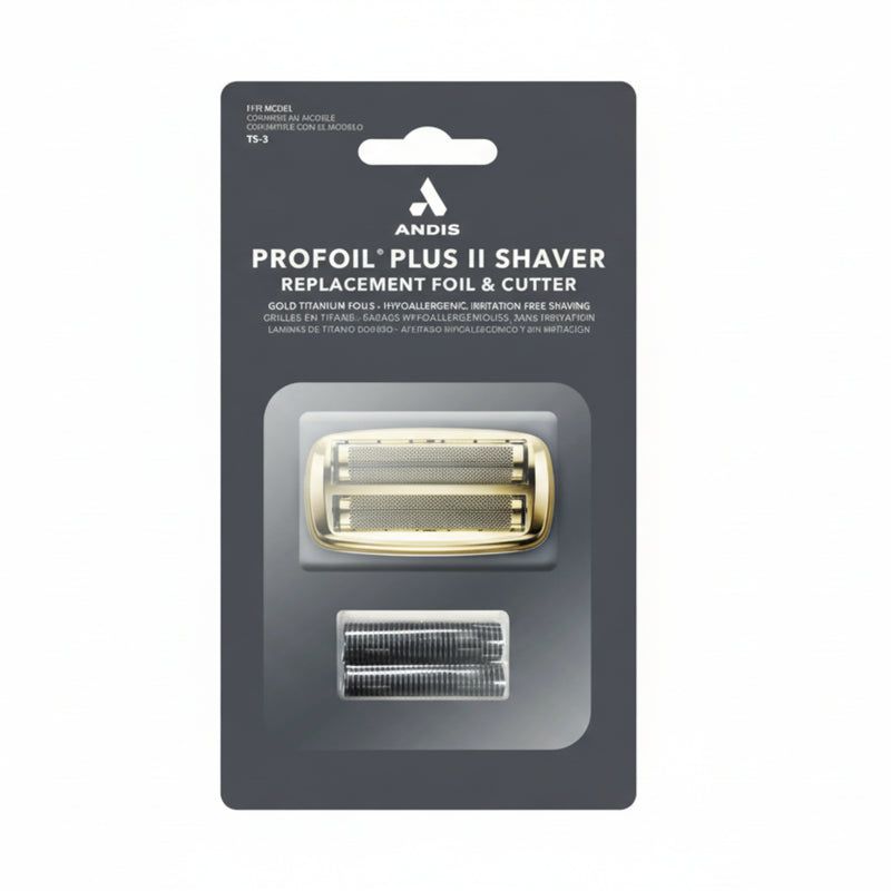 Gold foil and two black razor heads on a white background