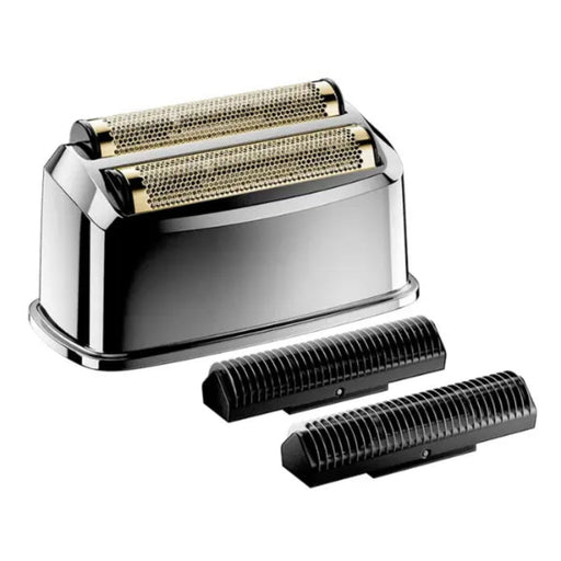 Shaver head with two black replacement heads on a white background