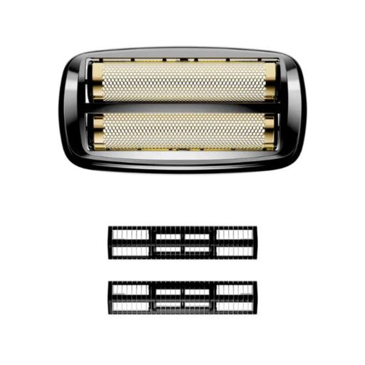 Shaver head with two gold blades on a black background