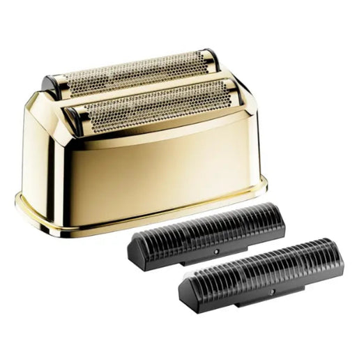 Gold electric shaver with two black attachments on a white background