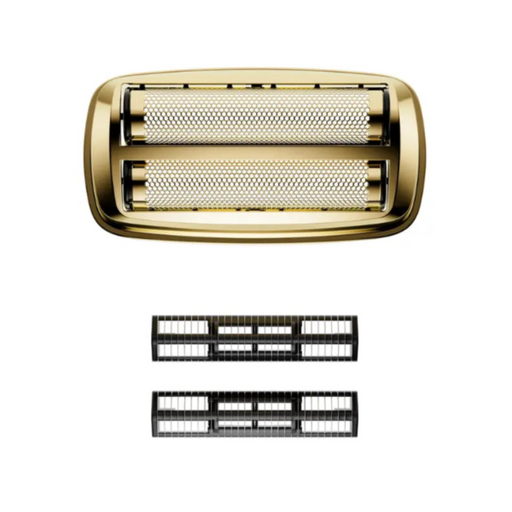 Gold foil and two black razor heads on a white background