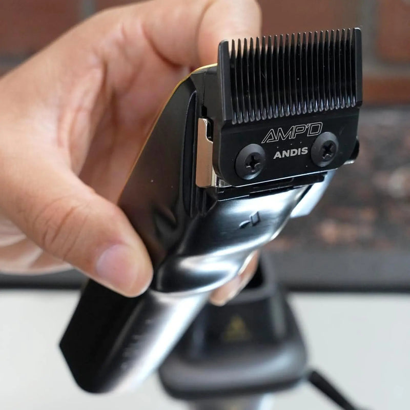 Andis Recon AMP'D DLC-coated blade mounted on a professional hair clipper