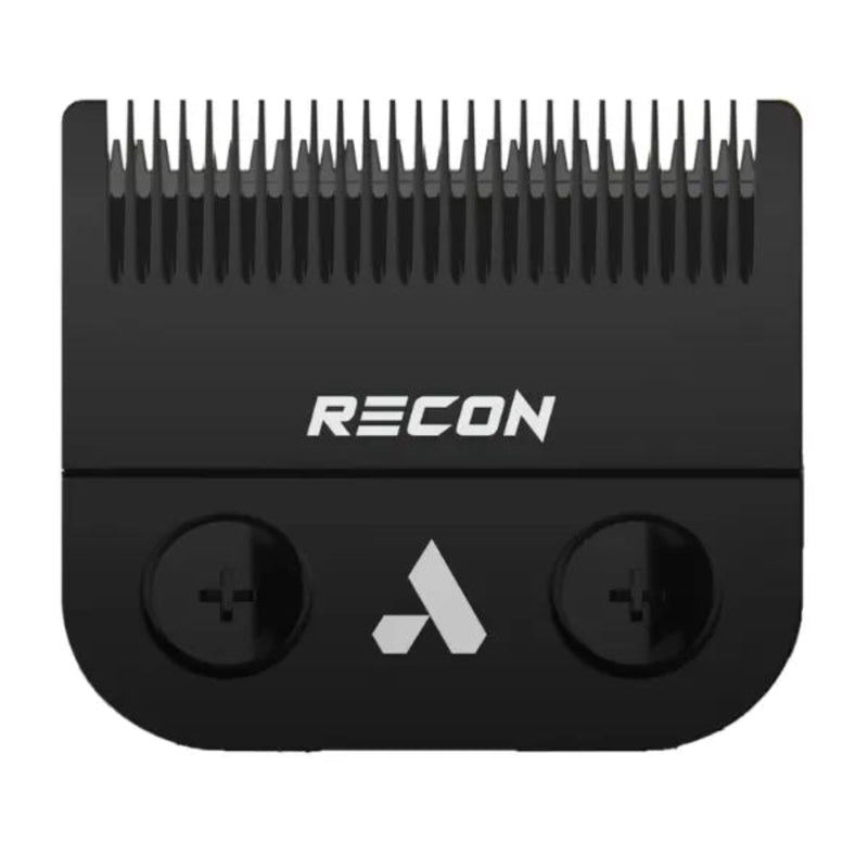 A black Recon hair clipper attachment with adjustable screws and a white logo on a plain white background.